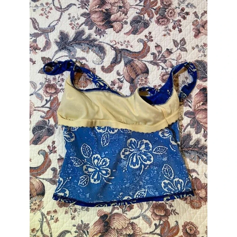 Lands’ End Tankini Swimsuit Set Size 8 Blue Gold Hibiscus Floral Vintage Y2K